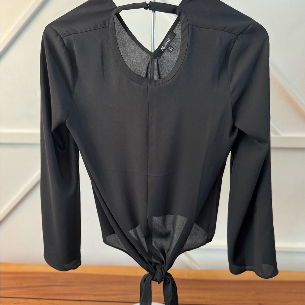 Madewell Black Long Sleeve Tie-Front semi sheer Top